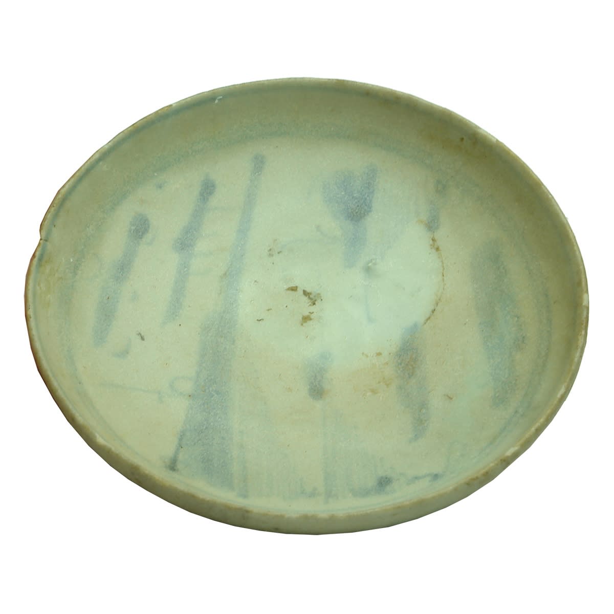 Small blue & white porcelain dish. Christie's Vung Tau Cargo sticker on base.