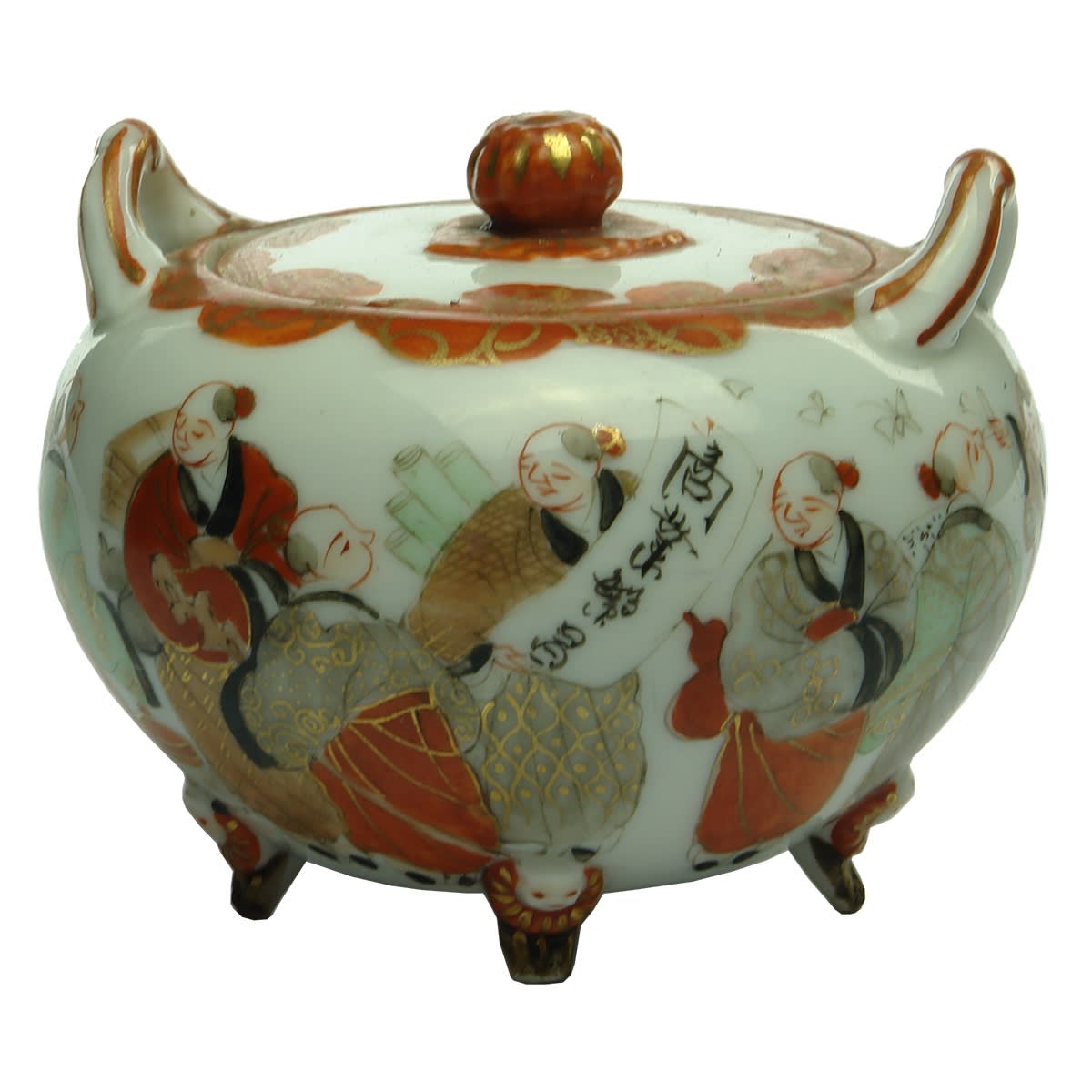 Japanese. Kutani Lidded Sugar Bowl with People All Around.