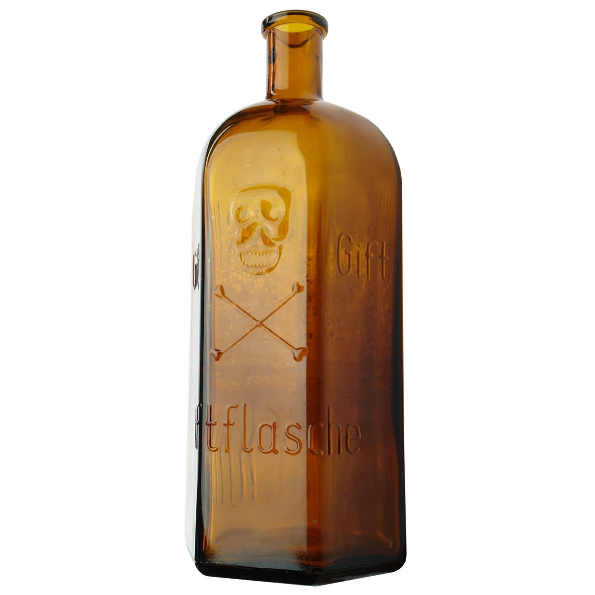 Poison. Hexagonal Giftflasche Poison with Skull and Crossbones. Amber. 1 Litre. (Germany)