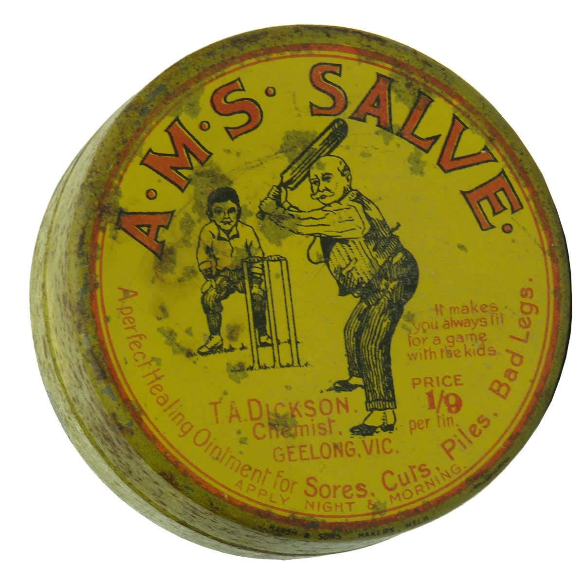 Tin. A. M. S. Salve, T. A. Dickson Chemist, Geelong with man playing gmae of cricket with the kids. (Victoria)