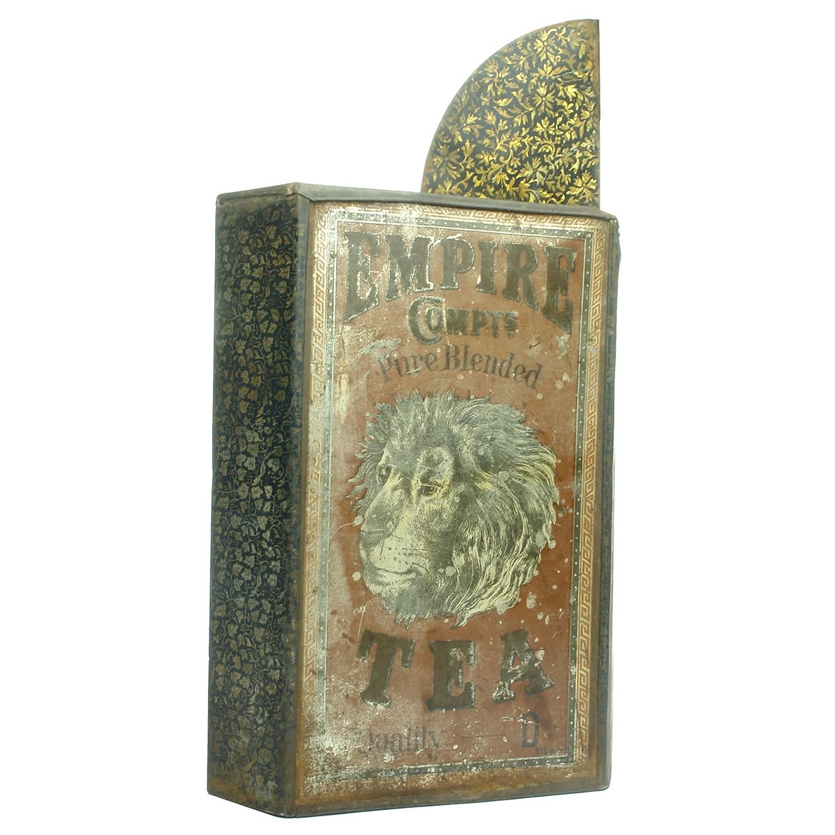 Tin. Empire Compys Pure Blended Tea. Lion. Triangle shape with pourer. (Robert Harper, Victoria)