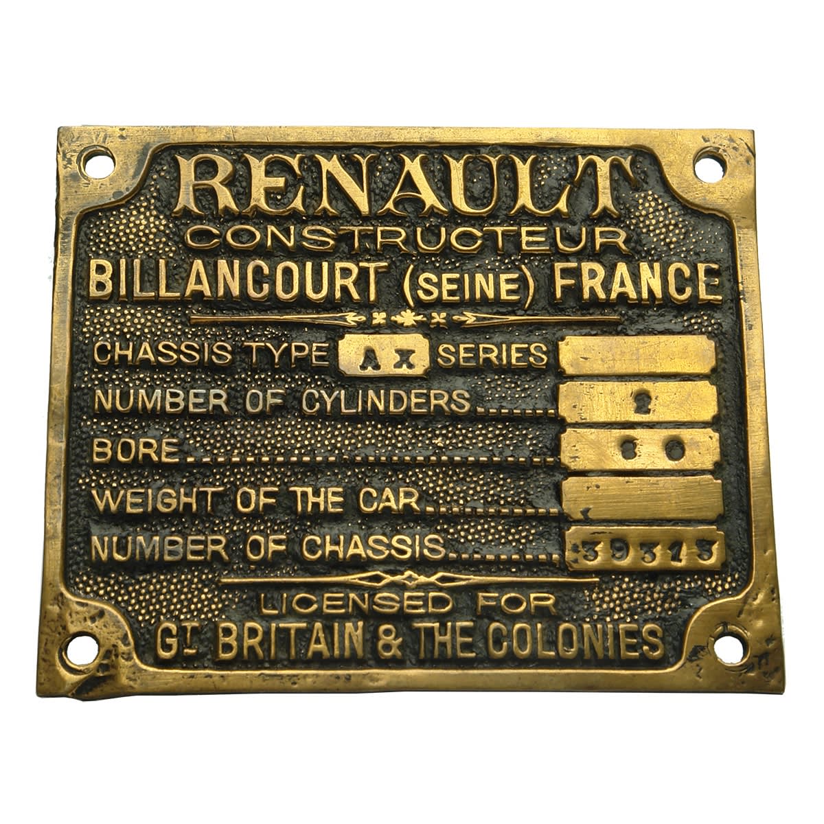 Brass nameplate Car VIN tag. Renault Constructeur Billancourt France. AX series. Licensed for Gt Britain & the Colonies. 1908 - 1914