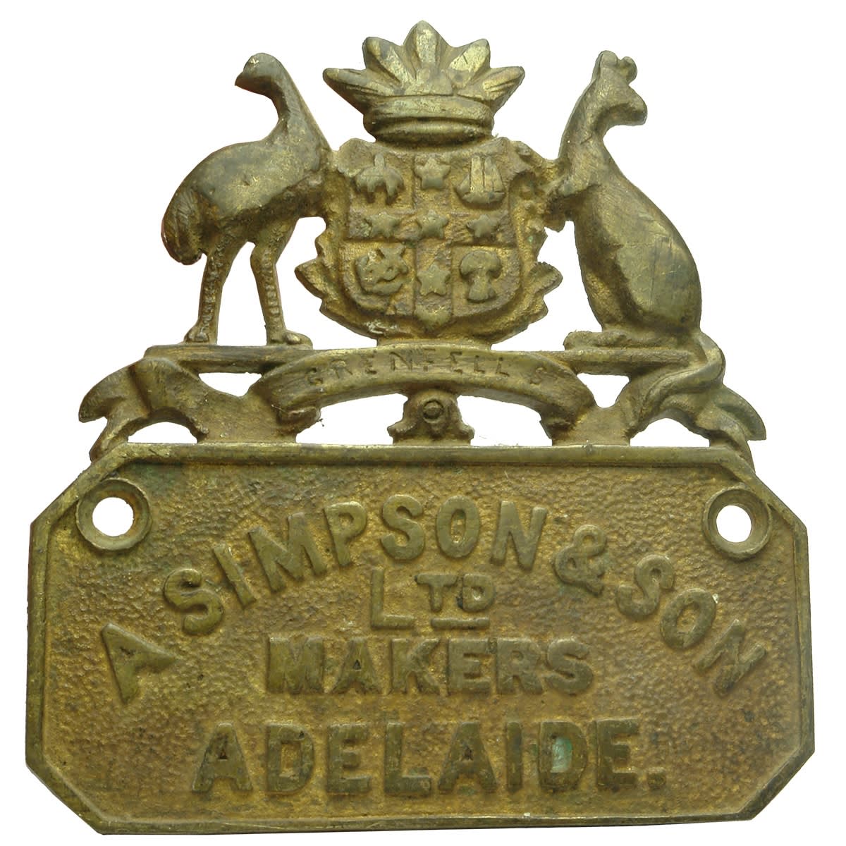 Brass Name Plate. A. Simpson & Son Ltd, Grenfell St., Adelaide. Australian Coat of Arms. (South Australia)