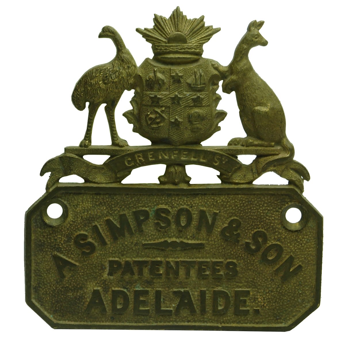 Brass Name Plate. A Simpson & Son, Adelaide. Grenfell St., Australian Coat of Arms. (South Australia)