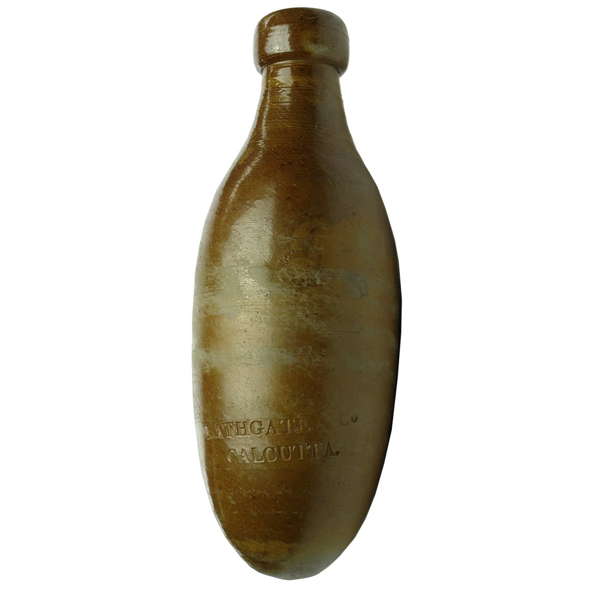 Torpedo. Bathgate & Co, Calcutta. J. Bourne Potters. Salt Glaze. Impressed. 7 oz. (India)