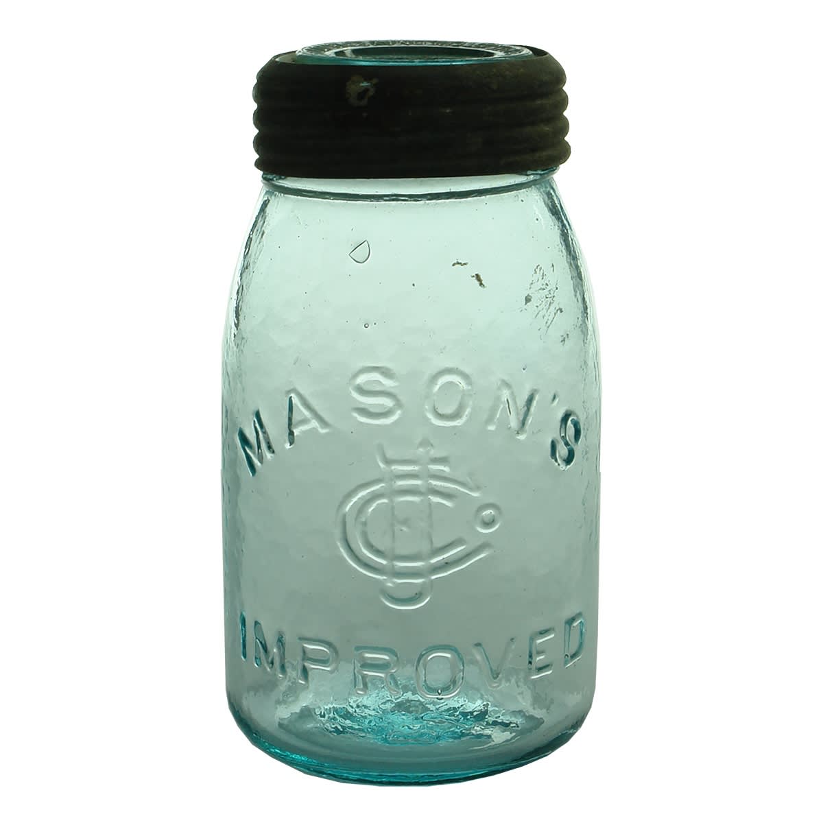 Fruit Jar. Mason's Improved. CFJ Co. Correct Glass lid. Blue Aqua. (USA)