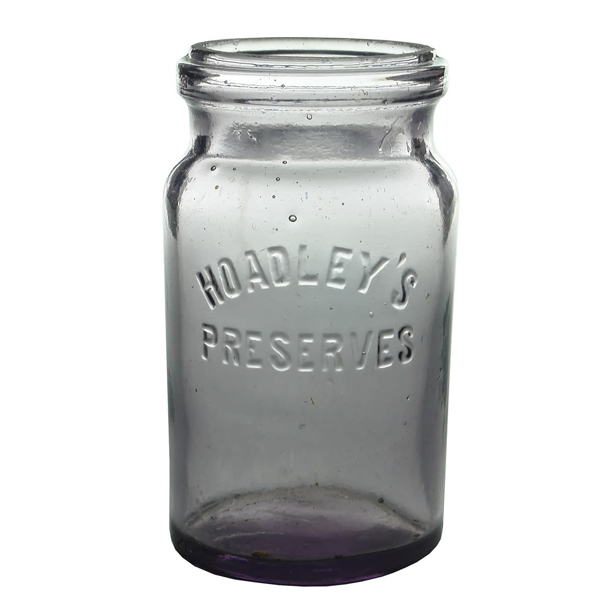 Preserving Jar. Hoadley's Preserves. Ground lip. Sun Coloured Amethyst. Half Pint. (Victoria & New South Wales)