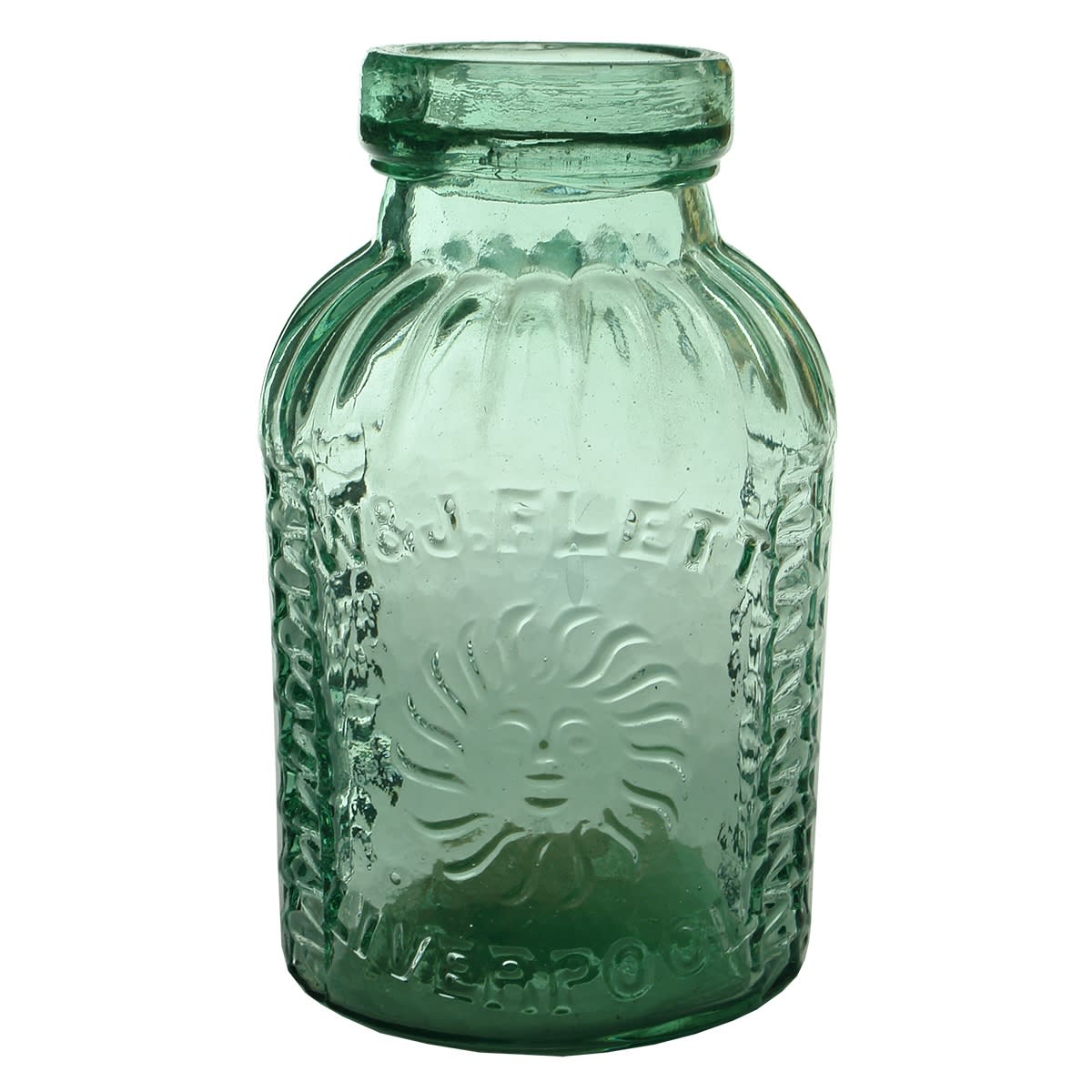 Salt Jar. W & J. Flett, Liverpool. Aqua. 2 Pound. (United Kingdom)