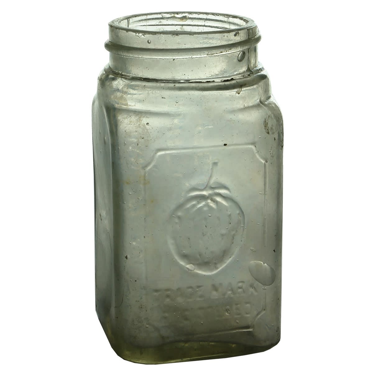 Jam Jar. J. Hargreaves and Sons. Strawberry. Square. Clear. (Queensland)