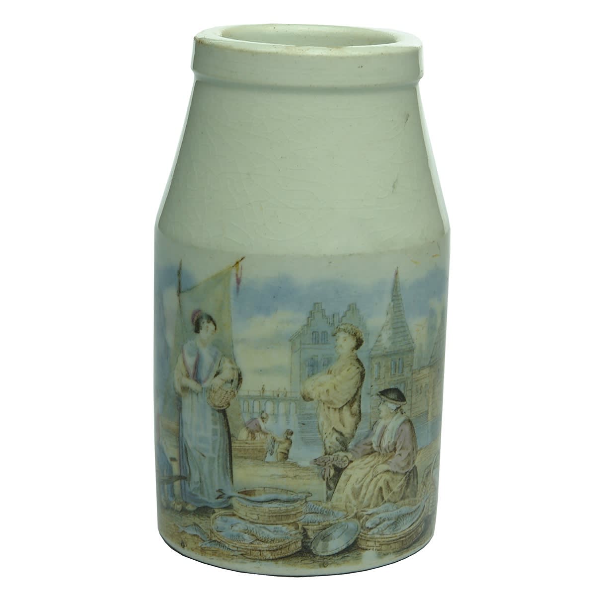 Prattware Jar. Continental Fish Market. Straight sided, sloping neck.