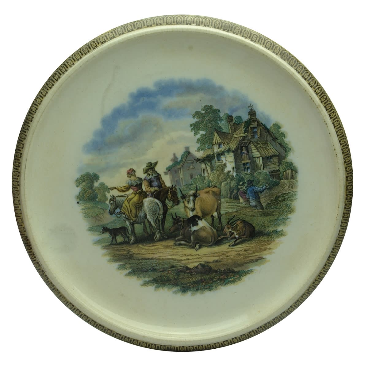 Small prattware plate/stand. Rural roadside scene.