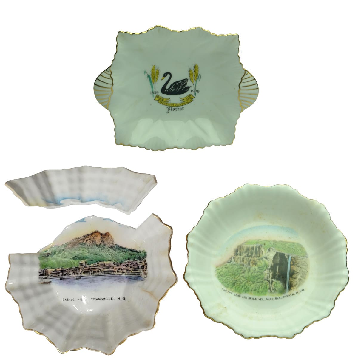 3 Souvenir Dishes: Western Australia Castle Hill, Townsville Govett's Leap and Bridal Veil Falls, Blackheath. (Western Australia, Queensland & New South Wales)