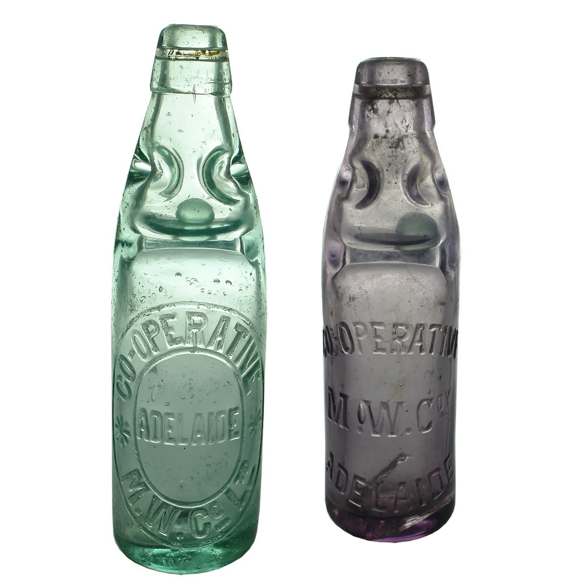 2 Codds. Co-Operative M. W. Co Ltd, Adelaide. Kilner Bros. Dobson. 10 oz. and Amethyst Dobson 6 oz. (South Australia)