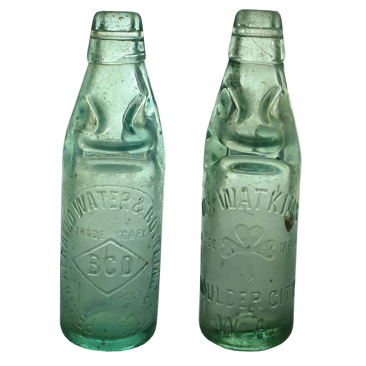 2 Codds. Perth Aerated Water & Bottling Co Ltd, BCD and W. Watkins Boulder City. 6 oz. (Western Australia)