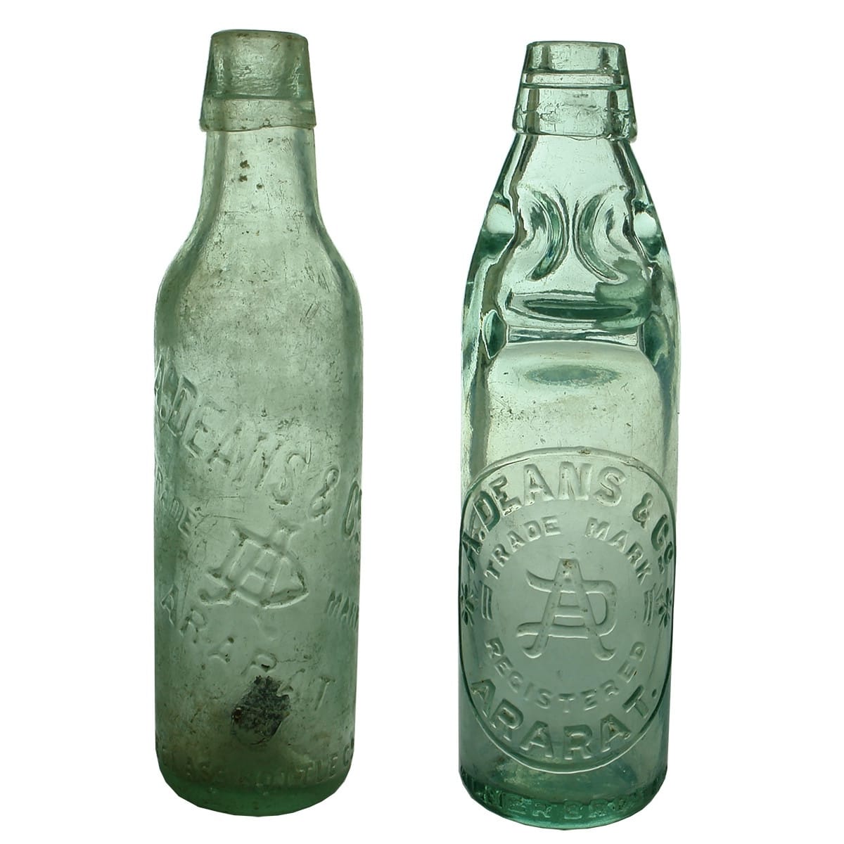 2 A. Deans & Co Ararat Bottles: Lamont with diagonal embossing and Kilner Bros Codd with embossing in a circle. (Victoria)