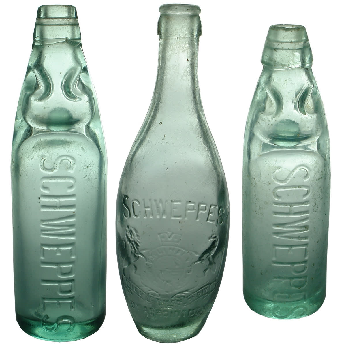 3 Schweppes Bottles. Niagara 10 oz Codd; Crown Seal Skittle 10 oz; Niagara 6 oz Codd.