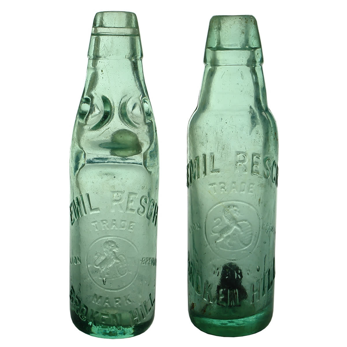 2 Emil Resch Broken Hill Bottles. 6 ox Codd & Lamont. Lion & Barrel trade marks. (New South Wales)