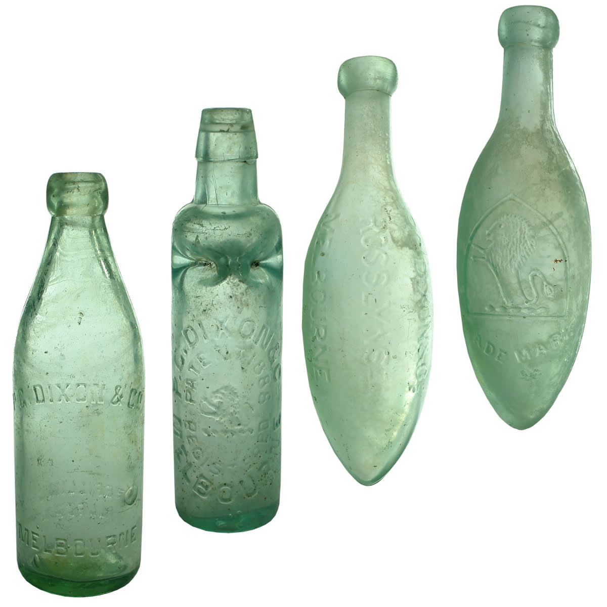 4 P. G. Dixon Melbourne Bottles: Internal Thread; Scott's Patent Codd; 2 different torpedos. (Victoria)