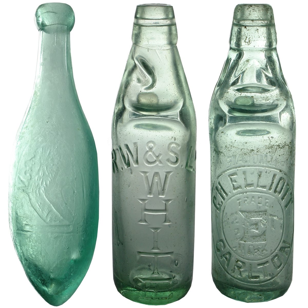 3 Aerated Waters: P. G. Dixon & Co Melbourne Torpedo; White's London Codd; G. H. Elliott, Carlton Codd. (Victoria & UK)