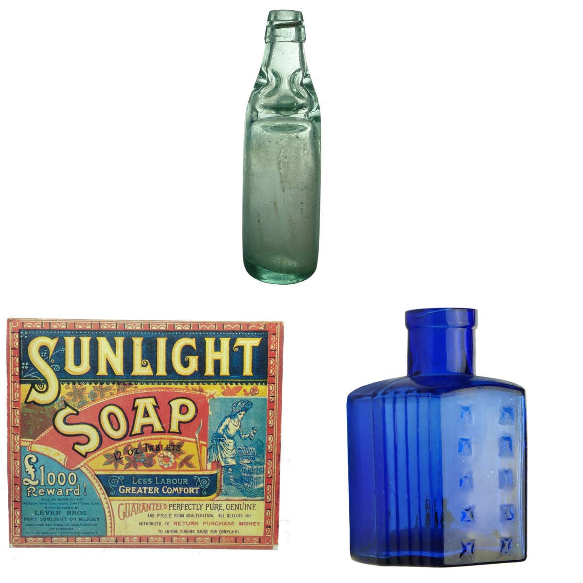 3 Items: Unmarked Kilner Brothers made Codd. Dobson. Aqua. 10 oz; Sunlight Soap Postcard from 1997; British Drug Houses Hobnail Poison. (84 mm).