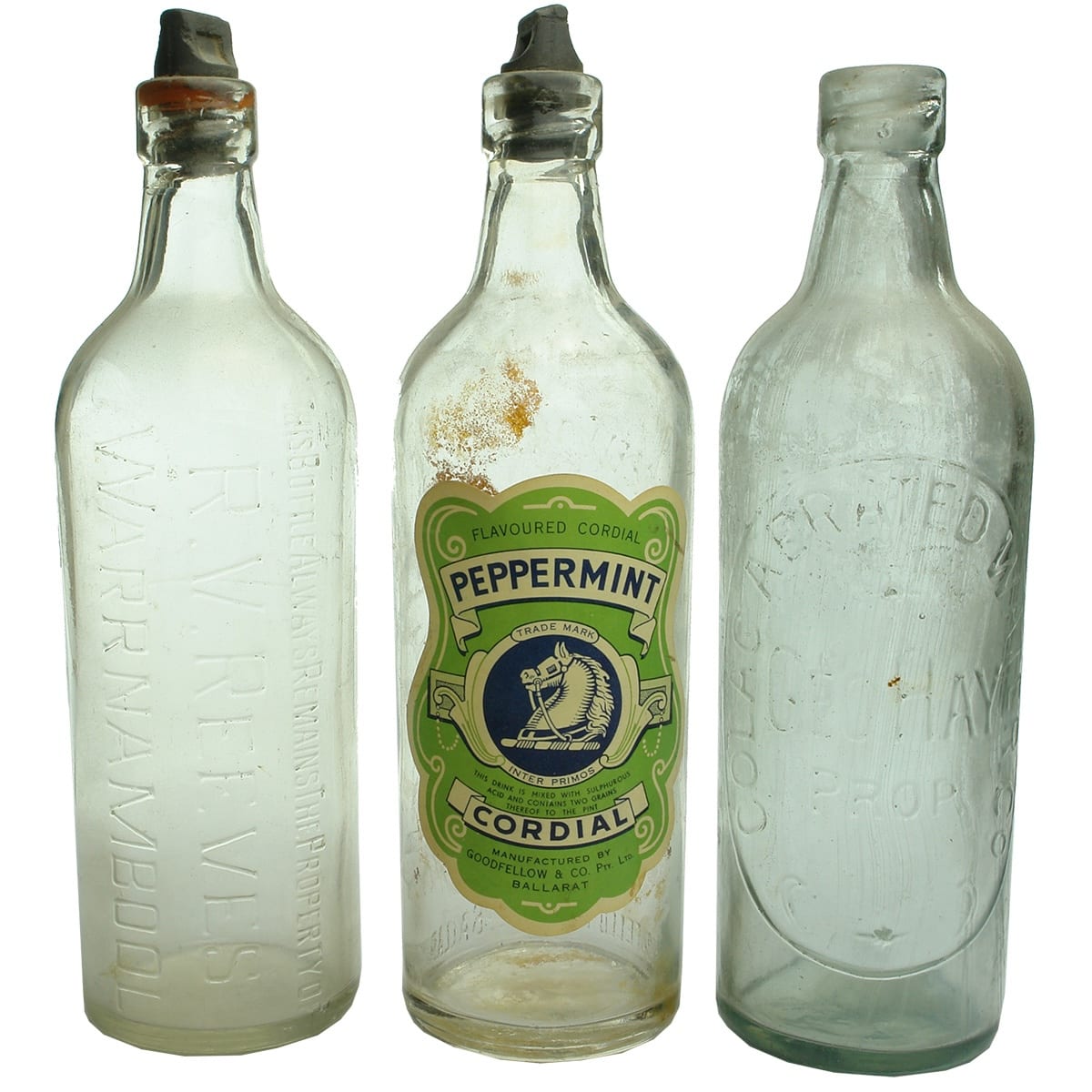 Internal Threads. 1. R. V. Reeves, Warnambool. Machine Top. Clear. 26 oz. 2. Goodfellow & Co Pty Ltd, Ballarat. Machine Top. Clear. 26 oz. Peppermint Cordial Label. 3. Geo. Hay, Colac Aerated Water Co. Aqua. 26 oz.