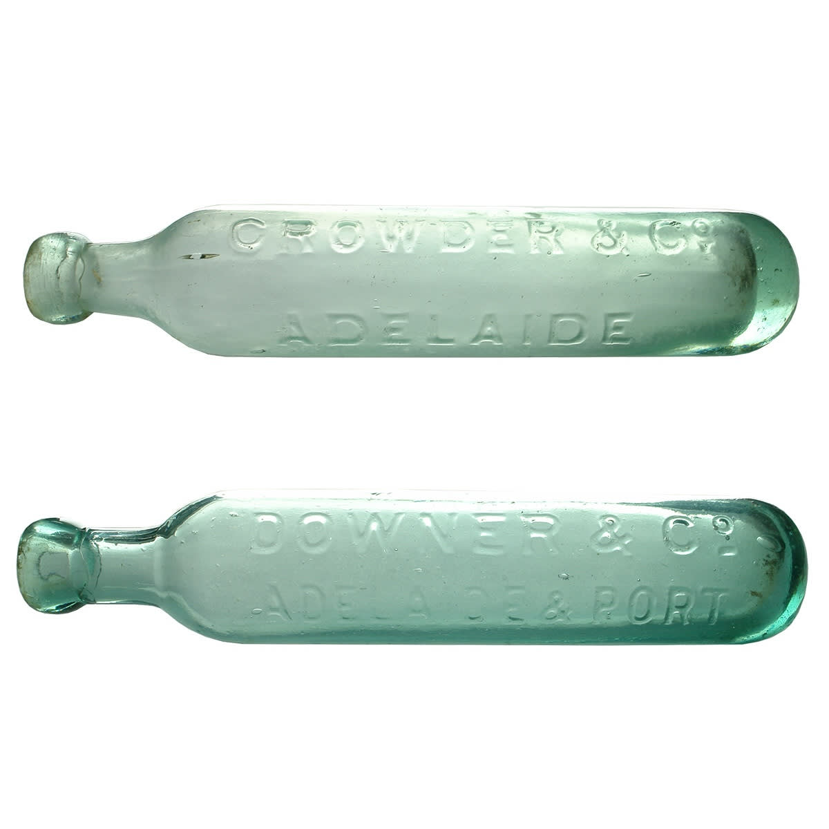 2 Maughams. Crowder & Co., Adelaide and Downer & Co, Adelaide & Port.  Aqua. 10 oz. (South Australia)