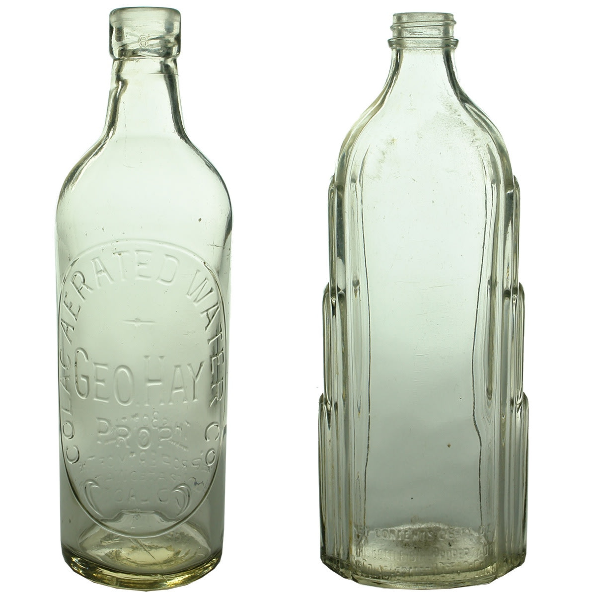 2 Bottles. Internal Thread & Cordial. Geo. Hay, Colac Aerated Water. Machine Top Internal Thread and Art Deco Style Cordial. Clear. 26 oz. (Victoria)