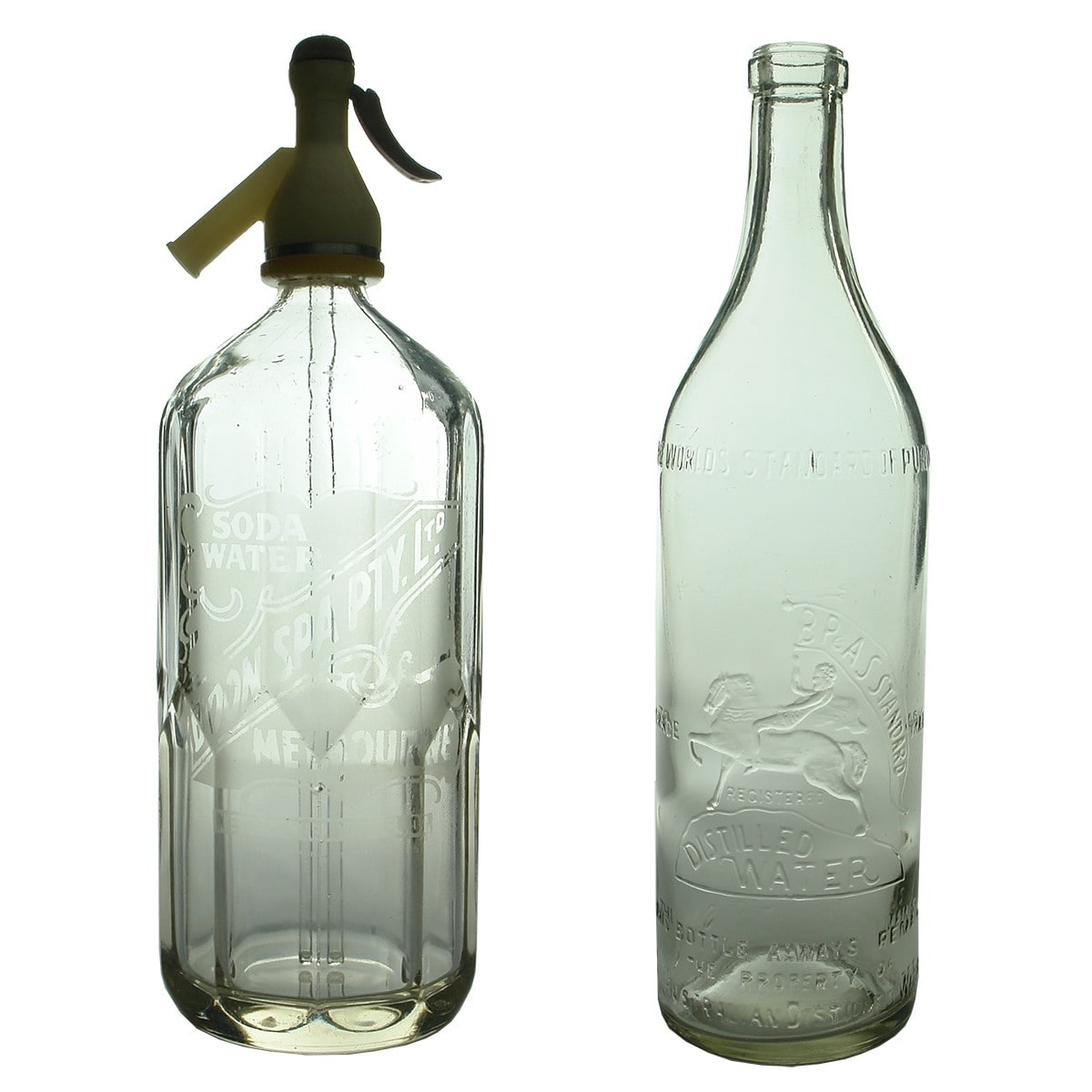 2 Bottles. Soda Syphon & Distilled Water. Boon Spa Pty. Ltd. Melbourne. 40 oz. and Australian Distilled Water Supply Sydney.