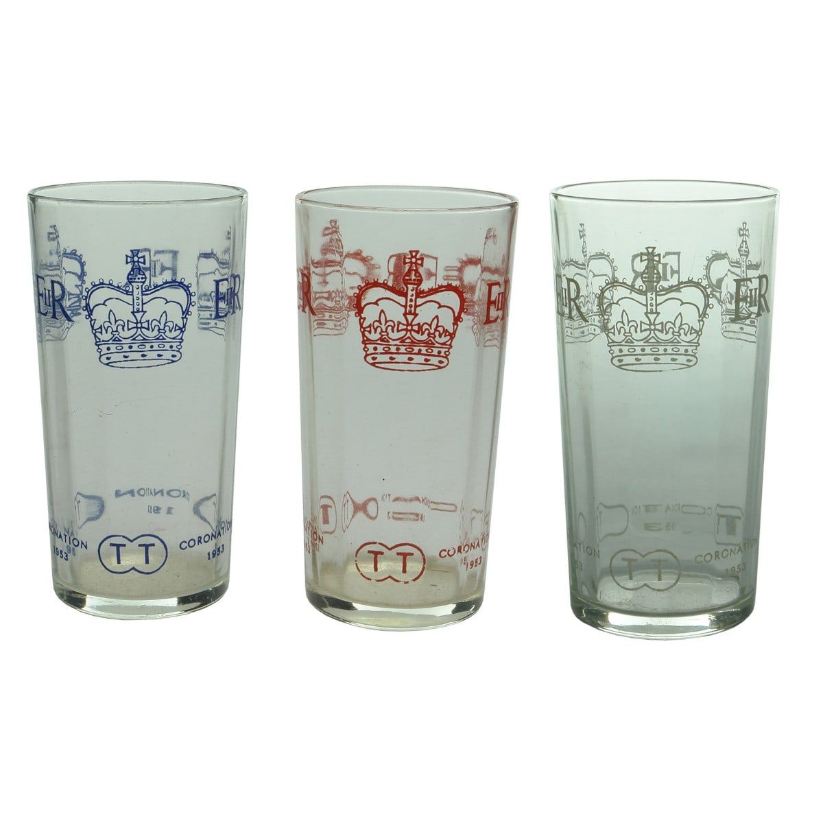 3 Advertising Commemorative Glasses. Elizabeth II Coronation 1953. T. Tristram, Brisbane. (Queensland)