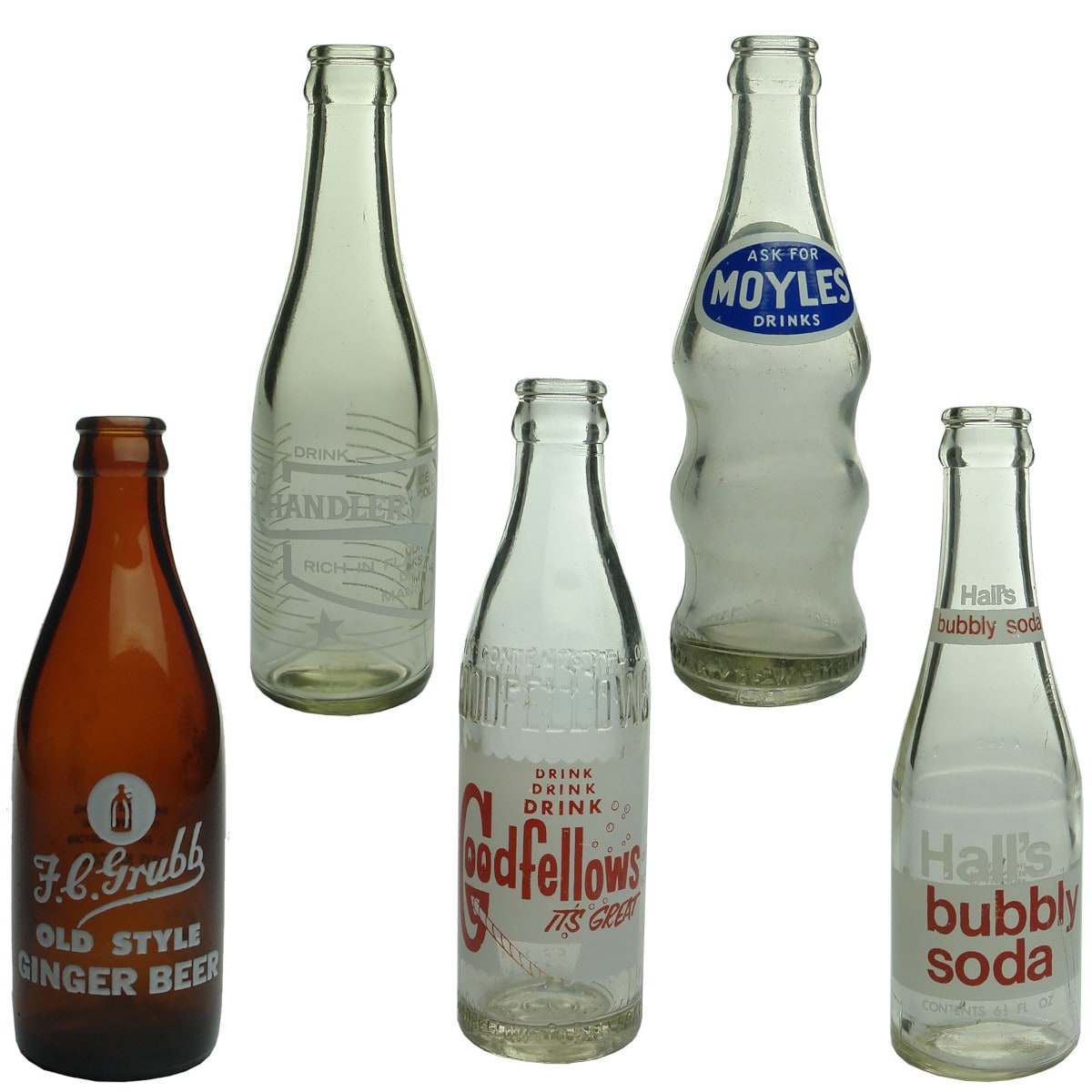 5 Ceramic Label Crown Seals. F. C. Grubb. Gladstone; Chandler's Drinks Mannum; Goodfellows it's great. Ballarat; W. H. Moyle Ltd. Port Pirie; Hall's bubbly soda. Hall & Sons Ltd, Norwood. (South Australia & Victoria)