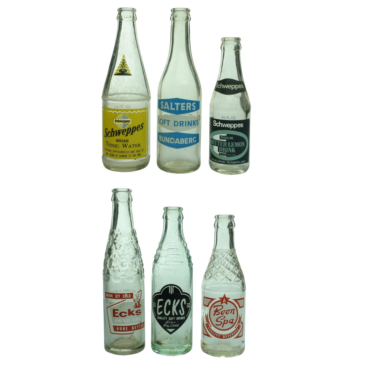 6 Ceramic Label Crown Seals: Schweppes Indian Tonic Water; Salters Soft Drinks, Bundaberg; Schweppes Sparkling Bitter Lemon Drink; Ecks, South Yarra x 2 different; Boon Spa, Melbourne, 7 oz. (Queensland & Victoria)