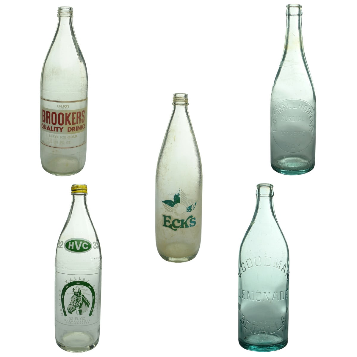 5 Large Screw Tops & Crown Seals: Hunter Valley Cordials Muswellbrook; Brookers Cordials Yass; Ecks (NSW) Pty Ltd Sydney; E. G. Smallhorn & Co., Hay; V. Goodman, Benalla.  (New South Wales & Victoria)