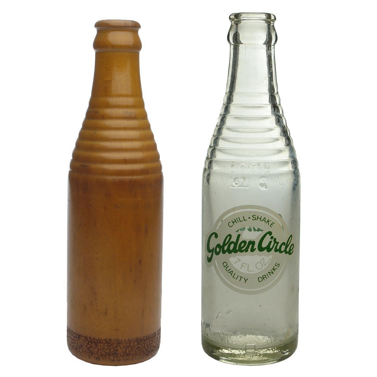 2 Ceramic Label Crown Seals... Well, a wooden prototype of one and the bottle that eventuated! Golden Circle bottle shape. 7 1/2 FL. OZS. BRIMFULL on base. and the bottle it made - Golden Circle Quality Drinks (Queensland)