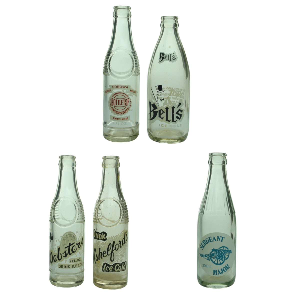 5 Ceramic Label Crown Seals: Corowa Aerated Waters, 7 oz; Bell's Soft Drinks, Canberra and Wagga Wagga; Websters, Jusfrute; Ashelford's, Bathurst; 5. Sergeant Major, Mason & Mason, Oakey. (New South Wales & Queensland)