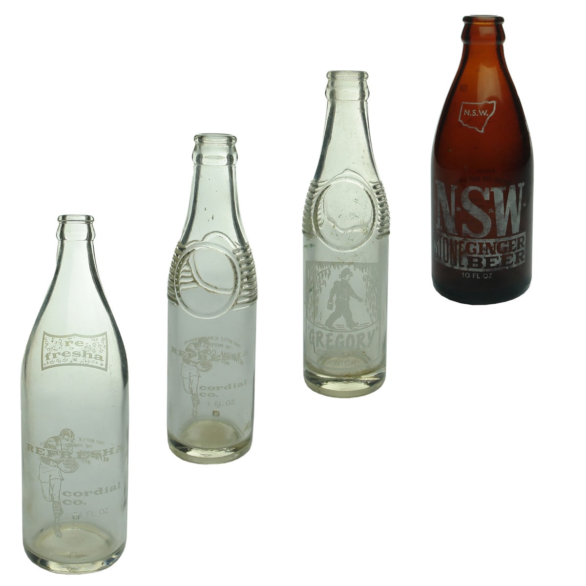 4 Ceramic Label Crown Seals: 2 sizes Refresha Cordial Co West Wyalong; Gregory Cordials Winton; NSW Stone Ginger Beer, Pacfleet, Lambton. (New South Wales & Queensland)