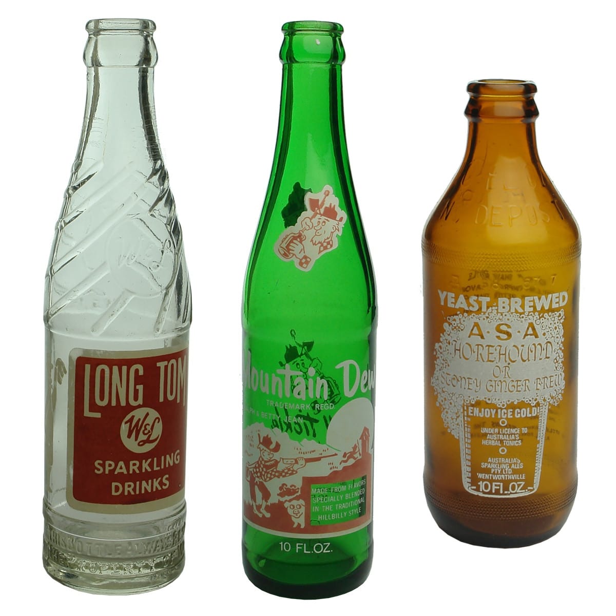 3 Ceramic Label Crown Seals. Long Tom, Weaver & Lock, South Perth and Mountain Dew Ralph & Betty Jean. Pepsico; ASA Horehound Stoney Ginger Beer, Wentworthville.