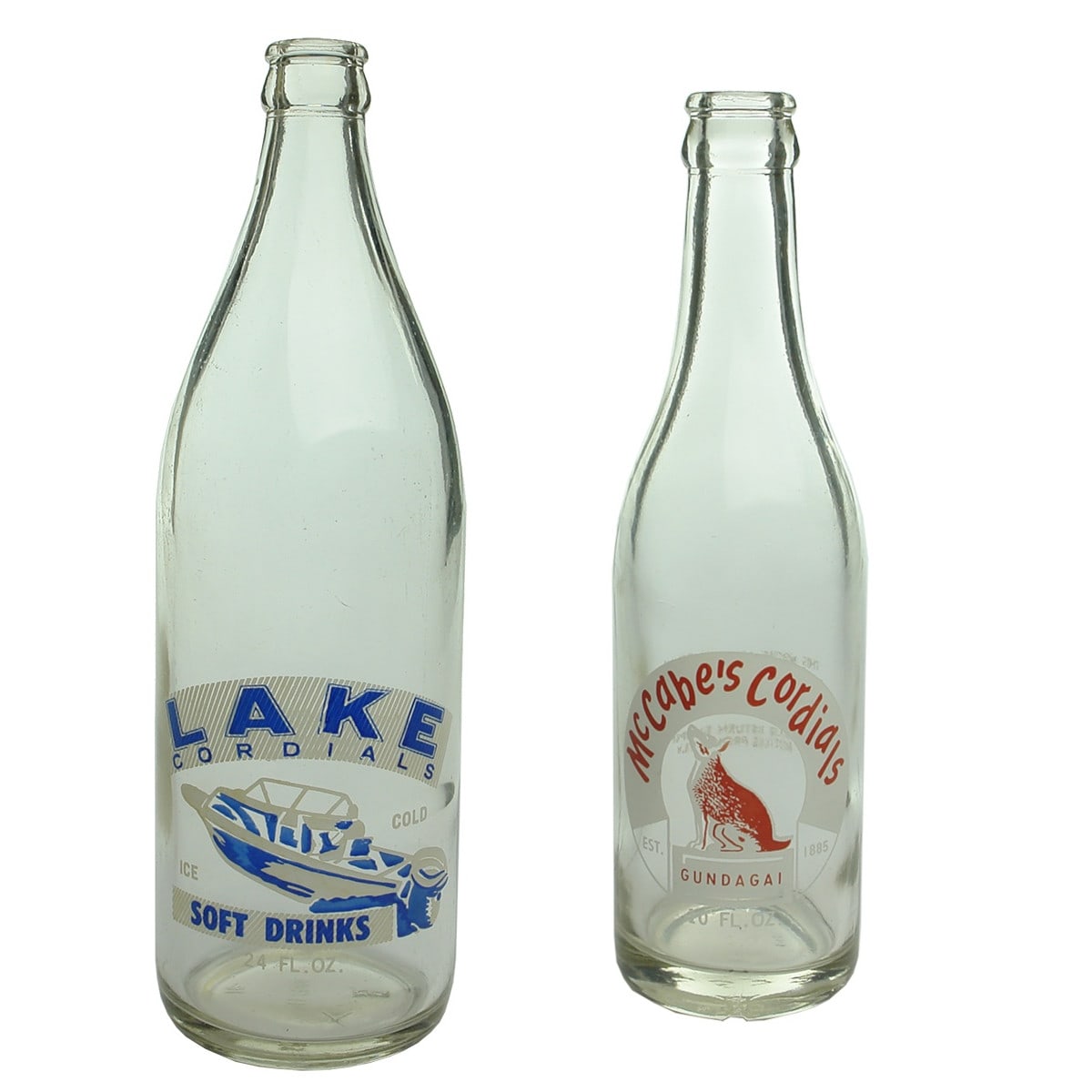 2 Ceramic Label Crown Seals. Lake Cordials, Lake Cargellico. Speedboat. 24 oz and McCabe's Cordials, Gundagai, Dog on Tuckerbox. 10 oz. (New South Wales)