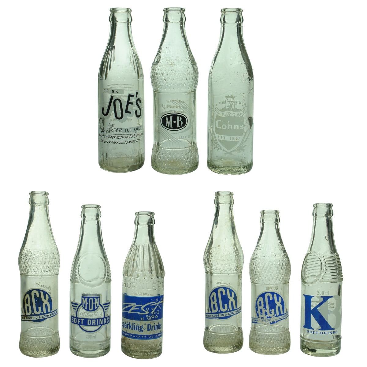 9 Ceramic Label Crown Seals: Joes, Korumburra; Murray Breweries, Beechworth; Cohns, Bendigo and Swan Hill; B. C. X Pure Fruit Drinks, Bendigo x 3; Manger & O'Neill, Echuca; W. J. Thornley, Horsham; Kilmore Bottlers. (Victoria)