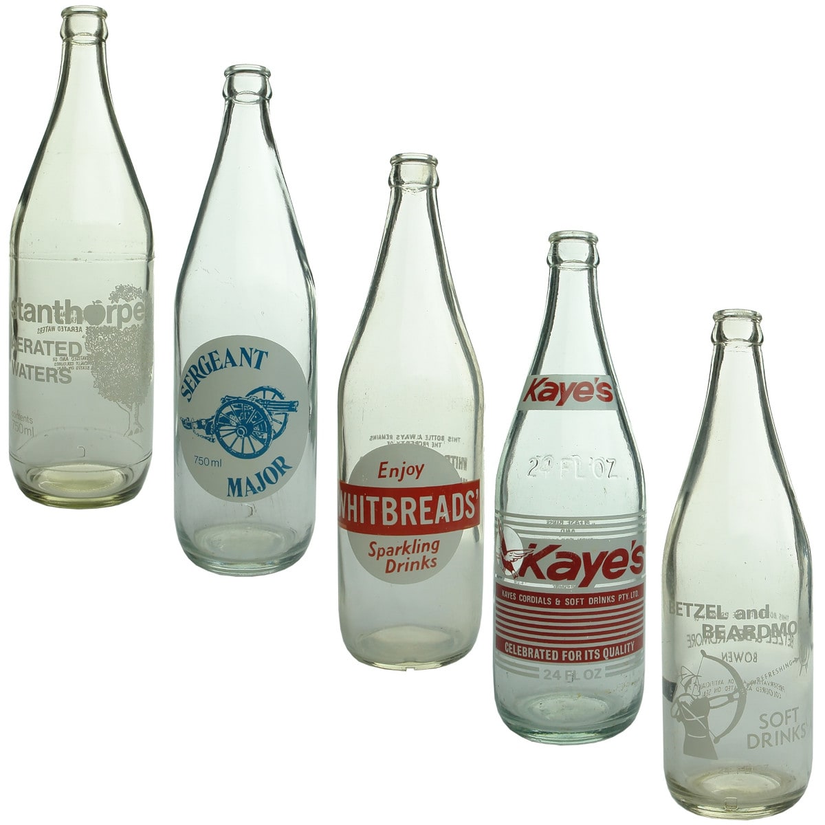 5 Ceramic Label Crown Seals. Stanthorpe Aerated Waters; Sergeant Major, Mason & Mason, Oakey; Whitbreads' Sparkling Drinks. Charters Towers & Townsville; Kayes Cordials, Brisbane; Betzel and Beardmore Soft Drinks. Bowen. (Queensland)