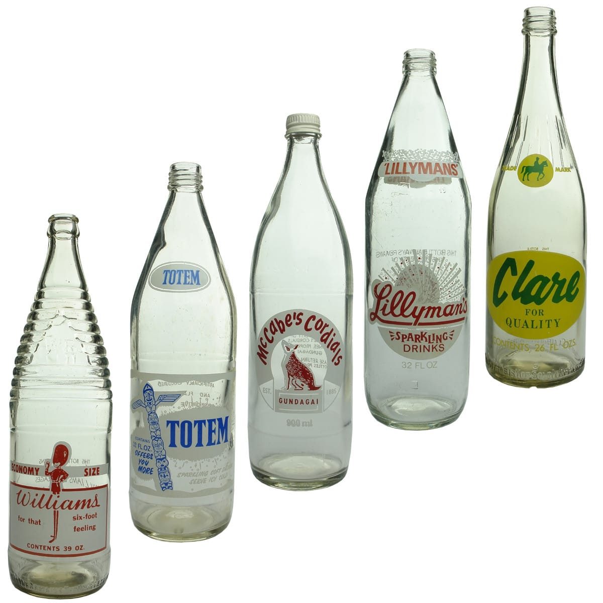 5 Ceramic Label Bottles. Williams Economy Size. 39 oz; Totem. Group Bottlers Pty. Ltd. Maryborough; McCabe's Cordials, Gundagai. J. Jones Proprietor; Lillyman's Sparkling Drinks. Lillyman Bros; Clare for Quality. Clare Mineral Waters Company.