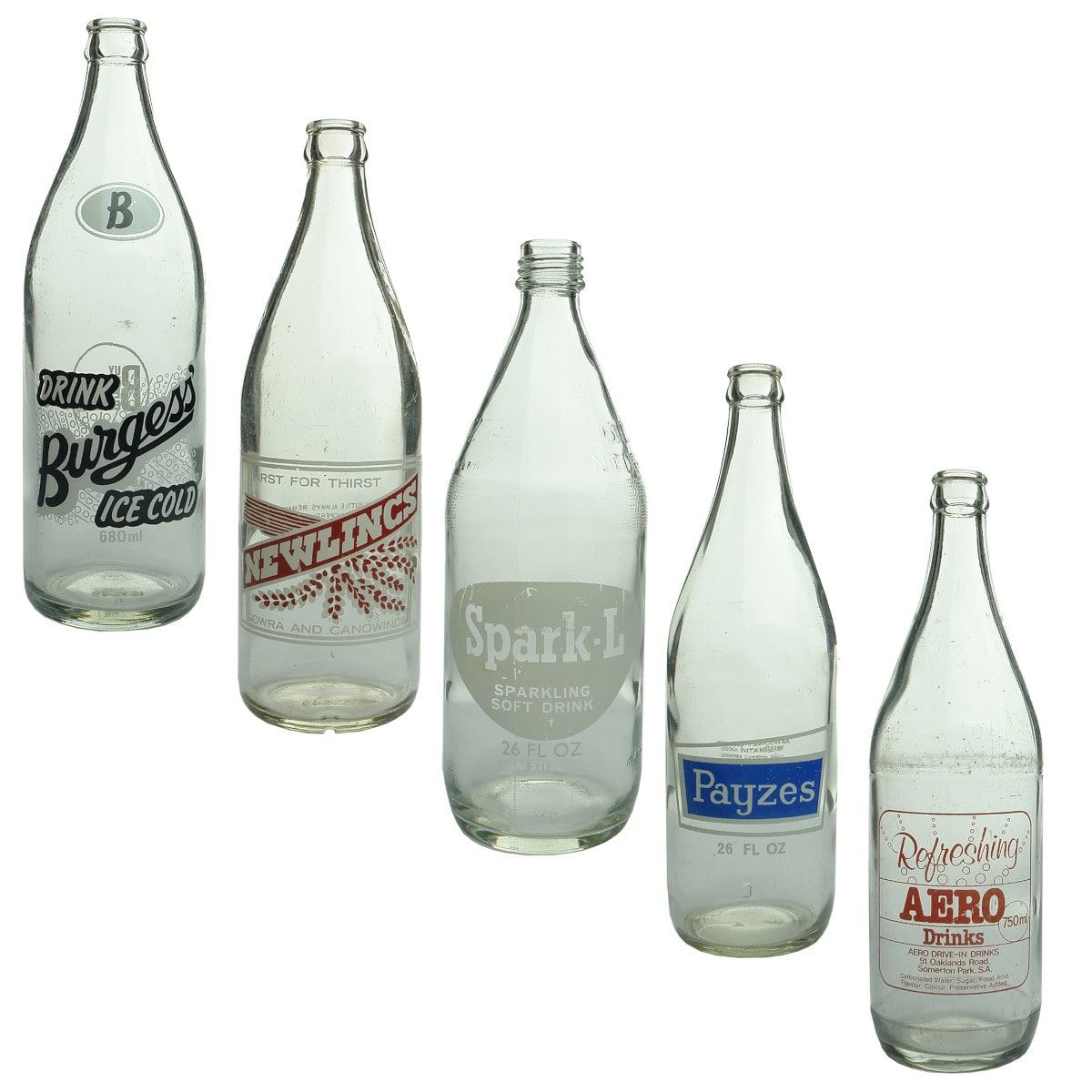 5 Ceramic Label Bottles. Burgess Cobar; Newlings, Cowra and Canowindra; Spark-L Sparkling Soft Drink. One Trippa; Payzes. Port Lincoln; Aero Drinks. Somerton Park. (New South Wales, South Australia & Australia)