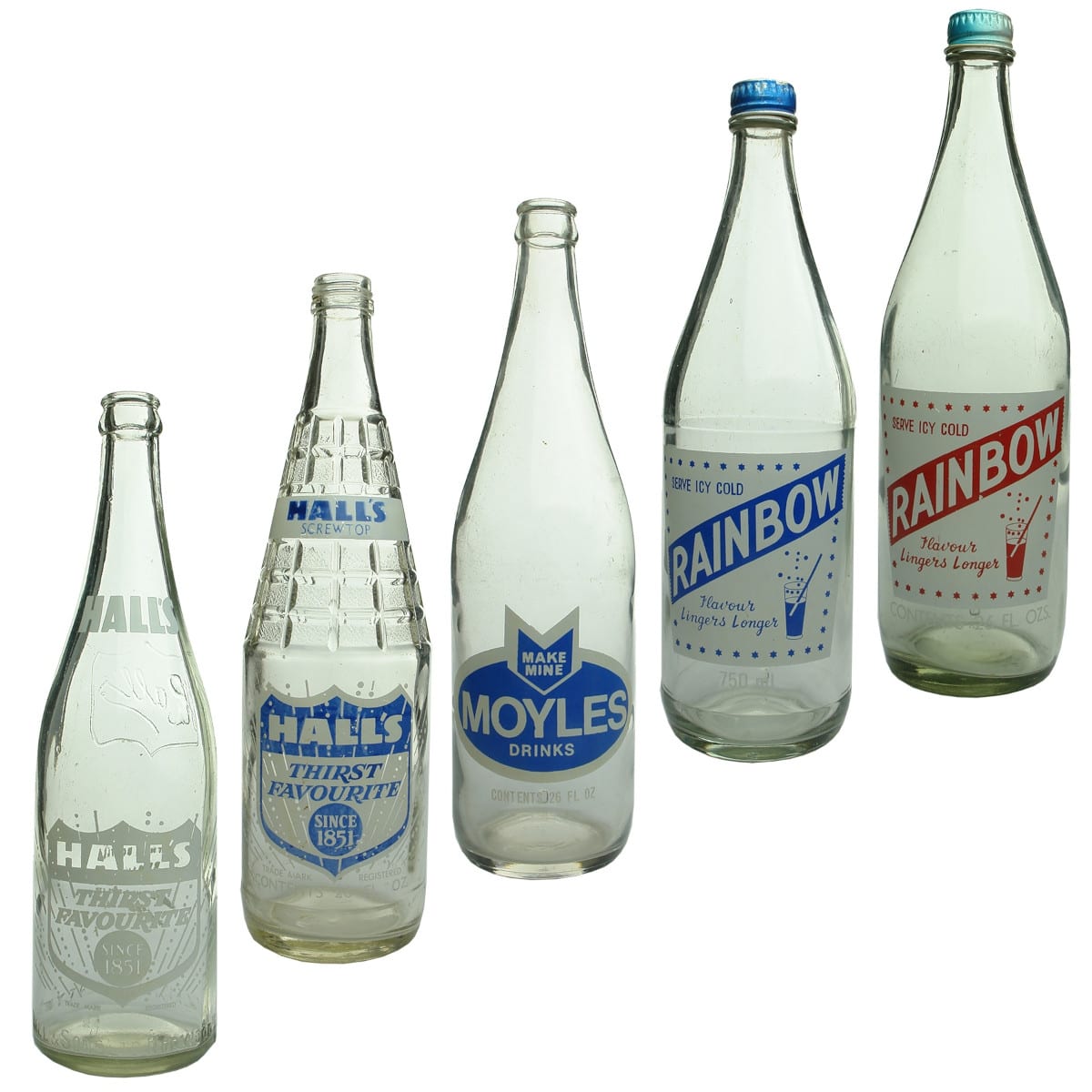 5 Ceramic Label Bottles. Hall's Thirst Favourite. Norwood; Hall's Screwtop. Geo. Hall & Sons Ltd Norwood; Moyles Drinks; Rainbow Drinks Pty. Ltd., Maitland. Blue & White and Red & White. (South Australia)