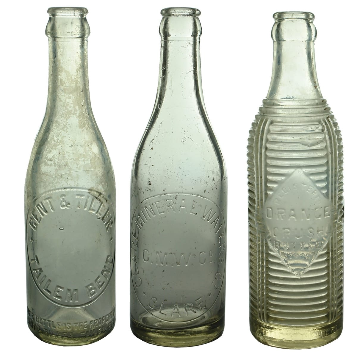 3 Crown Seals. Gent & Tiller, Tailem Bend; Clare Mineral Waters Co; W. H. Moyle, Port Pirie. Orange Crush. (South Australia)