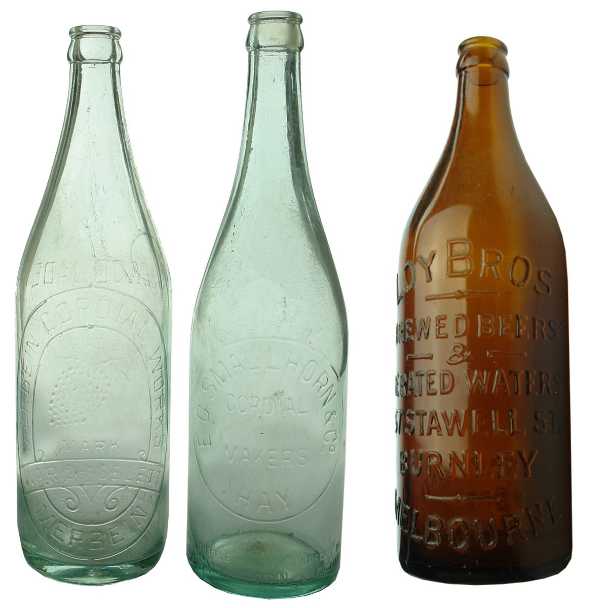 3 Crown Seals. 1. Merbein Cordial Works, W. A. R. Chiselett. Aqua. 26 oz. 2. E. G. Smallhorn & Co, Hay. Aqua. 26 oz. 3. Loy Bros, Burnley Amber 24 oz.  (New South Wales & Victoria)