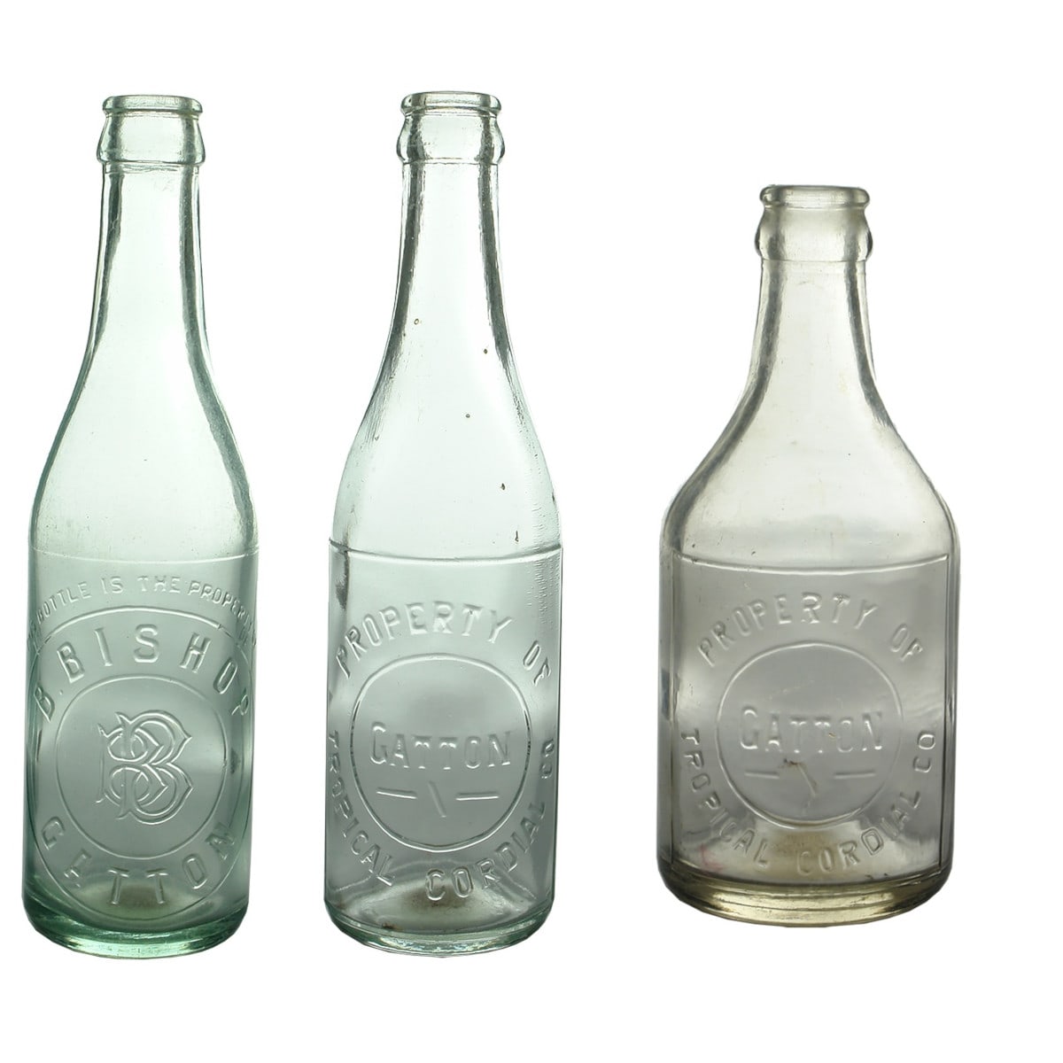 3 Gatton Crown Seals. B. Bishop. Aqua; Gatton Tropical Cordial Co, Clear; Gatton Tropical Cordial Co. Dump. (Queensland)