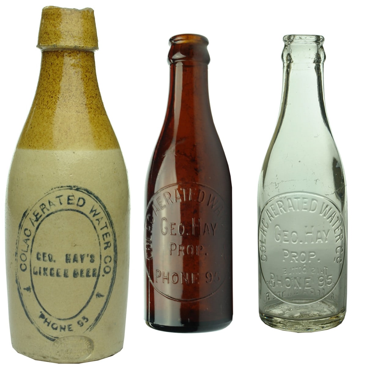 3 Bottles: Ginger Beer. Colac Aerated Water Co; Amber & Clear 6 oz Crown Seals Colac Aerated Water Co. (Victoria)