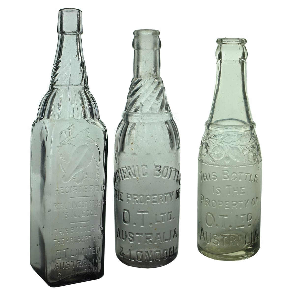 3 O. T. Limited Bottles: Amethyst Cordial; Hygienic Bottle Amethyst crown seal; Small Crown Seal.