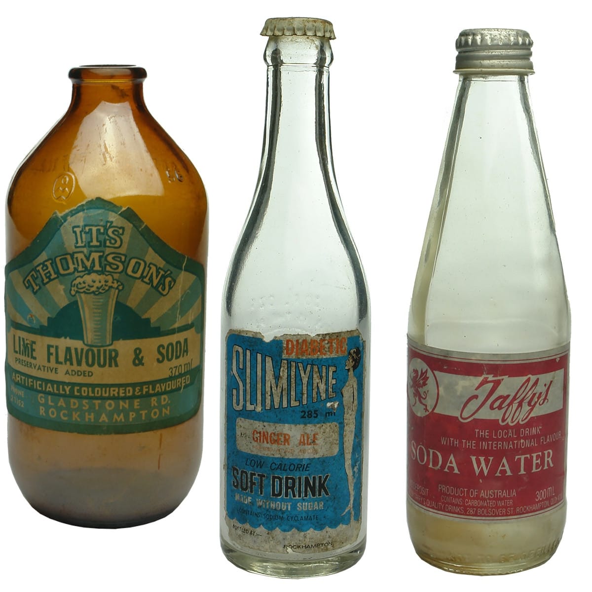 3 Crown Seals. All labelled Rockhampton bottles. It's Thomson's Lime & Soda; Denham's Sun Sweet Slimlyne; Taffy's Quality Drinks. (Queensland)