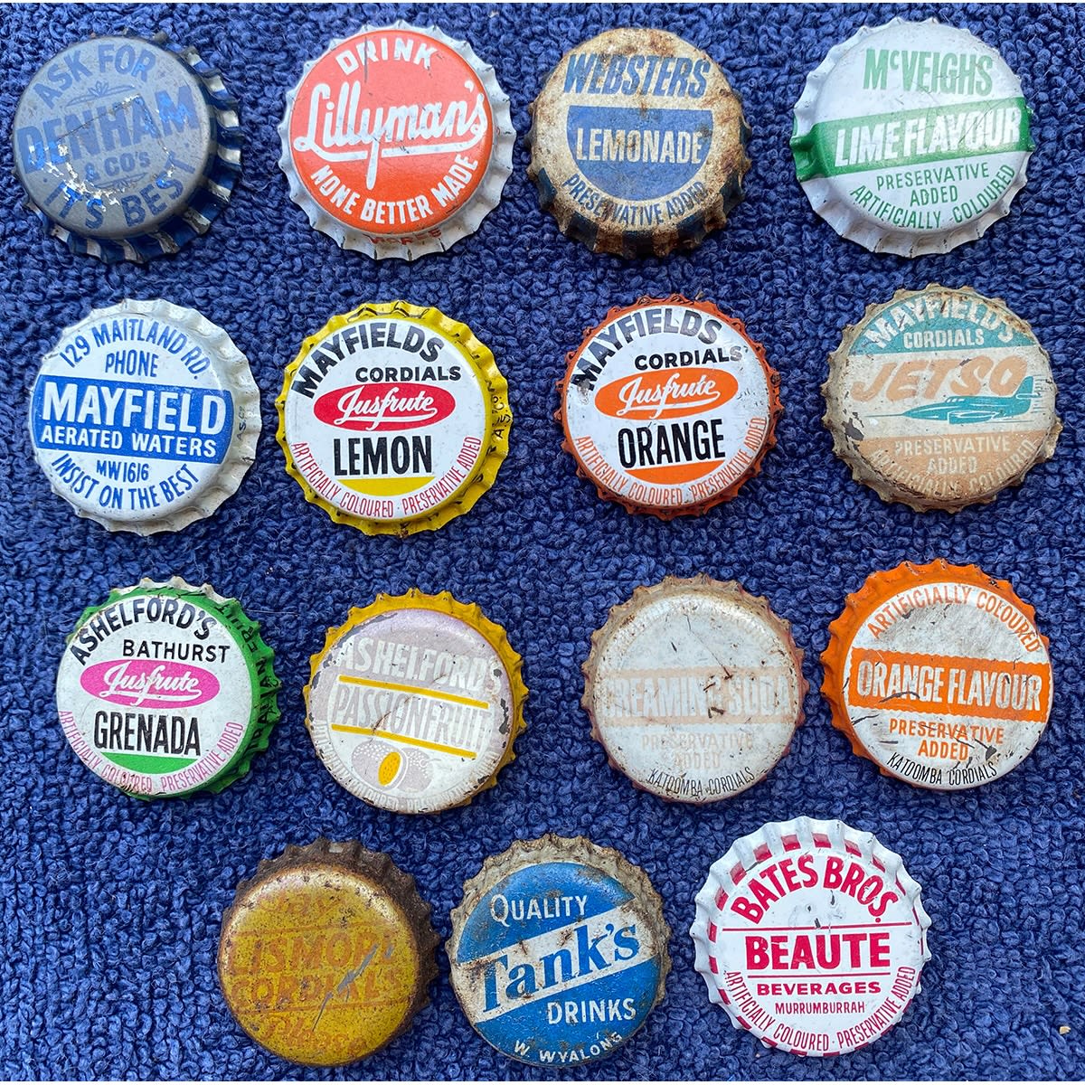 15 Crown Seal Caps: Ashelford's; Mayfields; Denham & Cos; Lismore Cordials; McVeigh's; Tank's; Katoomba; Bates Bros; Lillyman's; Websters. (New South Wales)