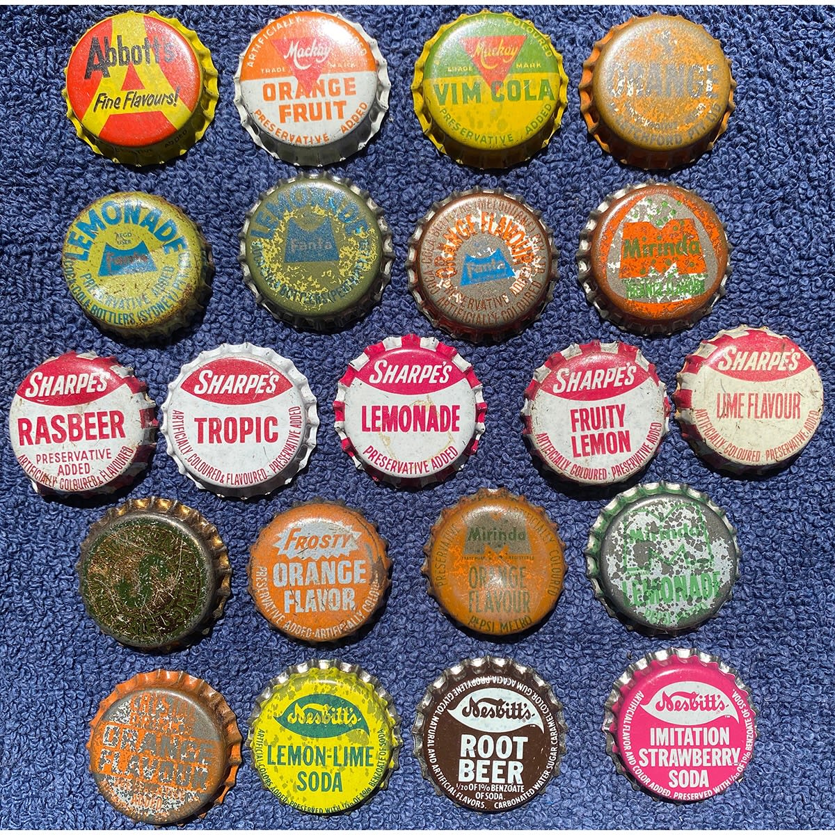 21 Crown Seal Caps: Letchford & 2 x Mackay (WA); Abbott's (Tas) Plus Sharpe's; Nesbitt's; Mirinda; Fanta and more.